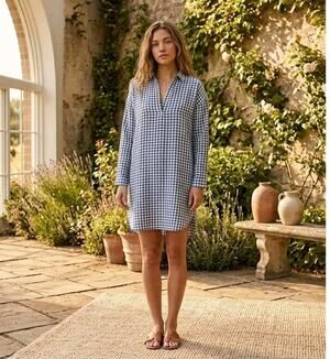 CP Shades Linen Blue White Plaid Tunic Dress Medium